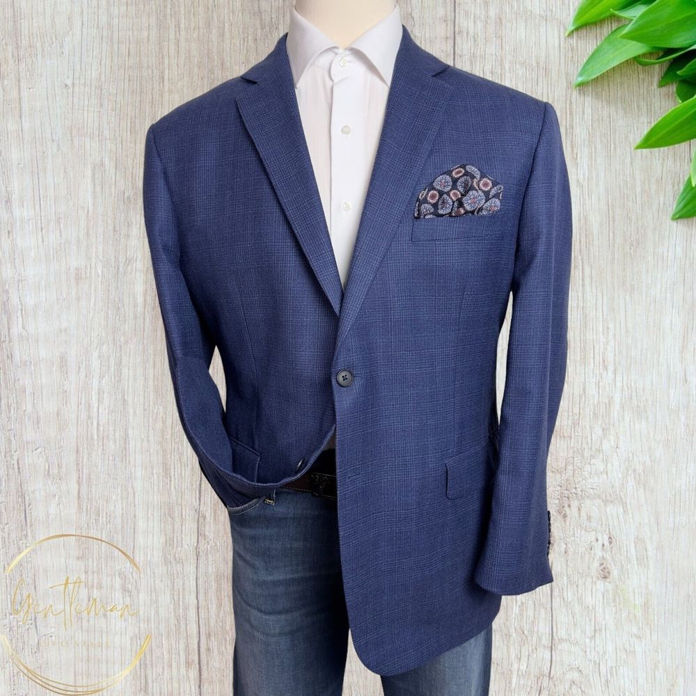 JOS A BANK Mens Blazer Sport Coat Two Button Jacket 48R Wool Blue Plaid Suits